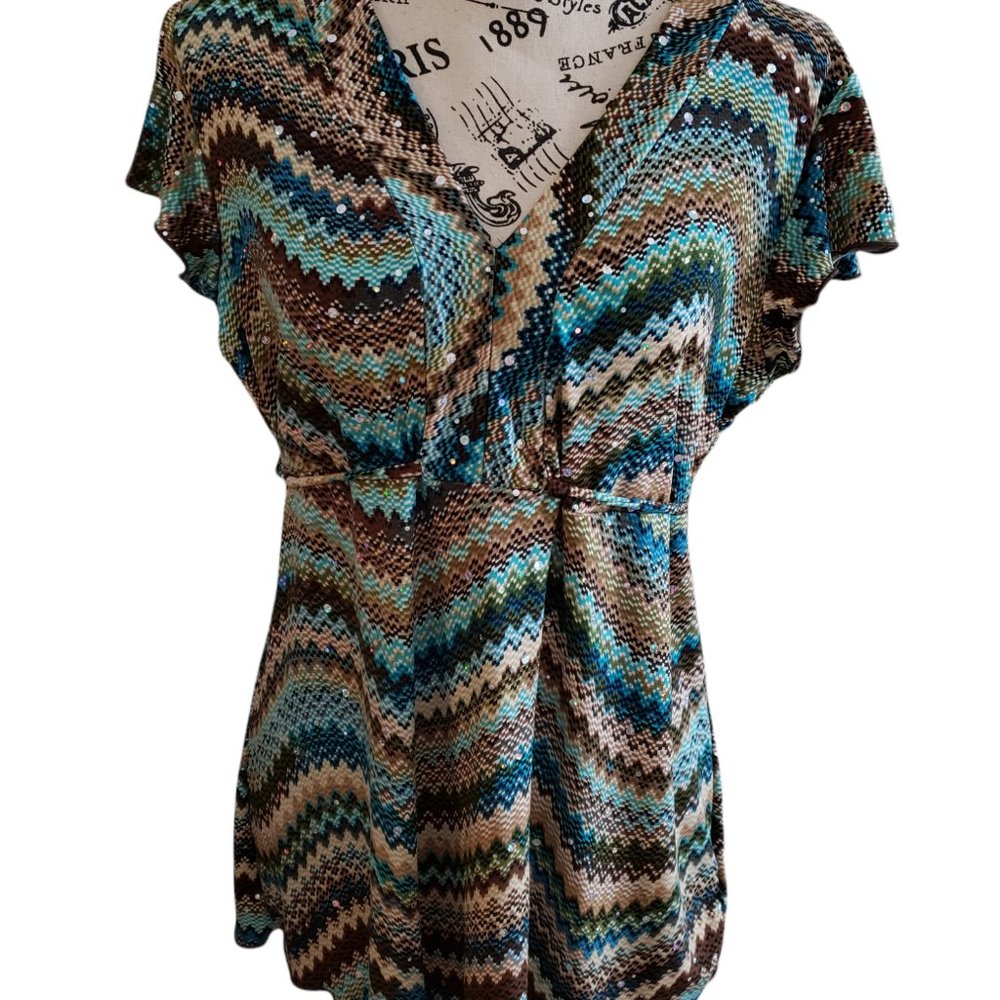 DressBarn Brown and Turquoise Ruffled Short Sleeve Blouse with Sparkle S…